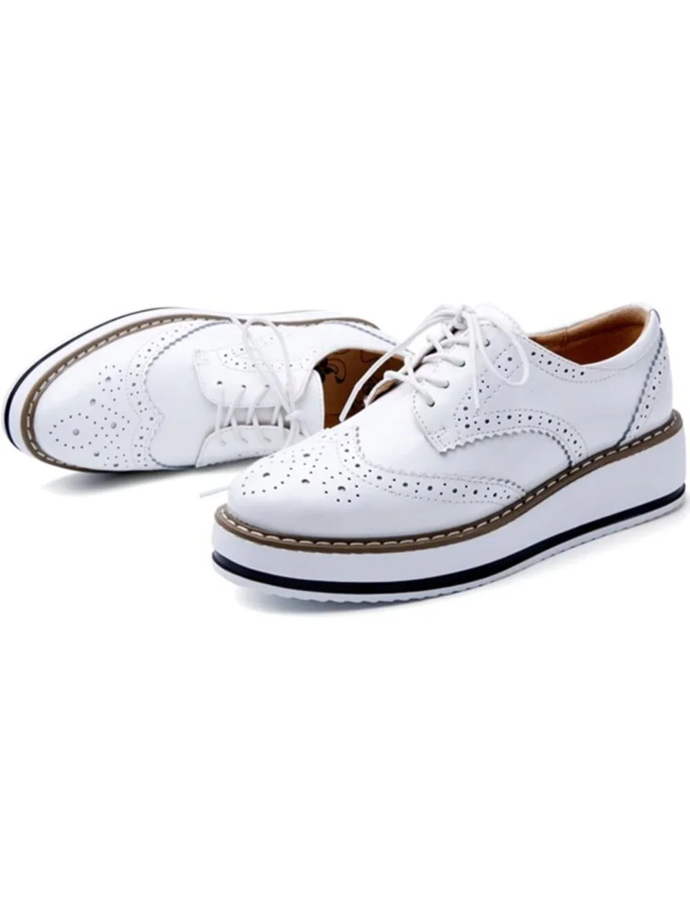 Women's Off-White Round Toe Lace Up Leather Oxford Shoes Wingtip White Platform